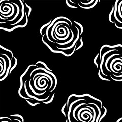 seamless pattern contour rose flowers on black background