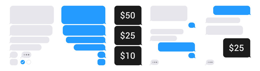 Chat app bubble phone template set. Isolated blank sms dialogue and messages bubbles, on white background. Pay with smartphone sms. Editable vector illustration.