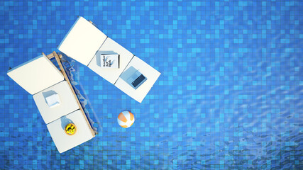 top view of swimming pool and sunbed,vacation relax concept,3d rendering