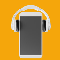 Smartphone and headphones on yellow background,Online music concept 3d rendering