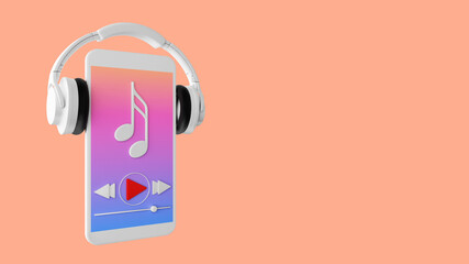 music application on smartphone with headphone on orange background,Online music concept .3d rendering 
