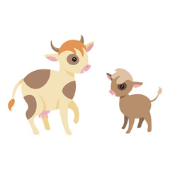 Two cute cows - mum and her baby bull. Flat minimalistic illustration for children book or web site.