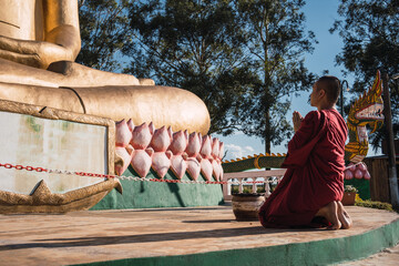 A monk is worshipping and meditating in front of the golden Buddha as part of Buddhist activities. Buddhist temple in Misiones, Argentina.
