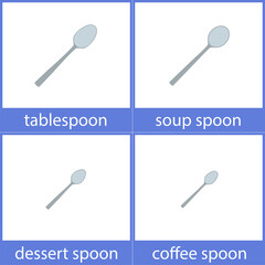 Tablespoon, soup spoon, dessert spoon, coffee spoon. English vocabulary word card.