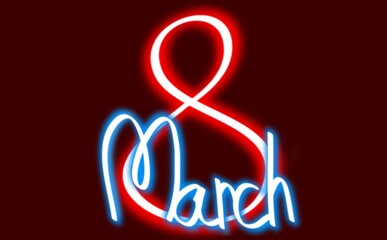 March 8, illustration in neon style, Congratulatory card for beloved women. Holidays wallpaper 
