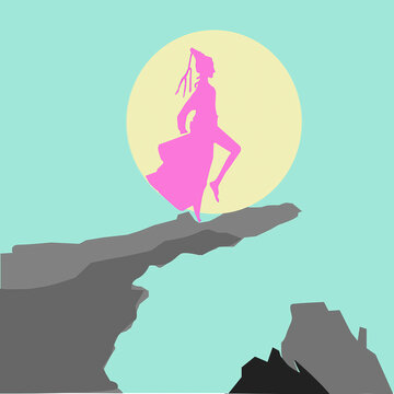 Pink Witch Standing On A Cliff With A Full Moon In The Background