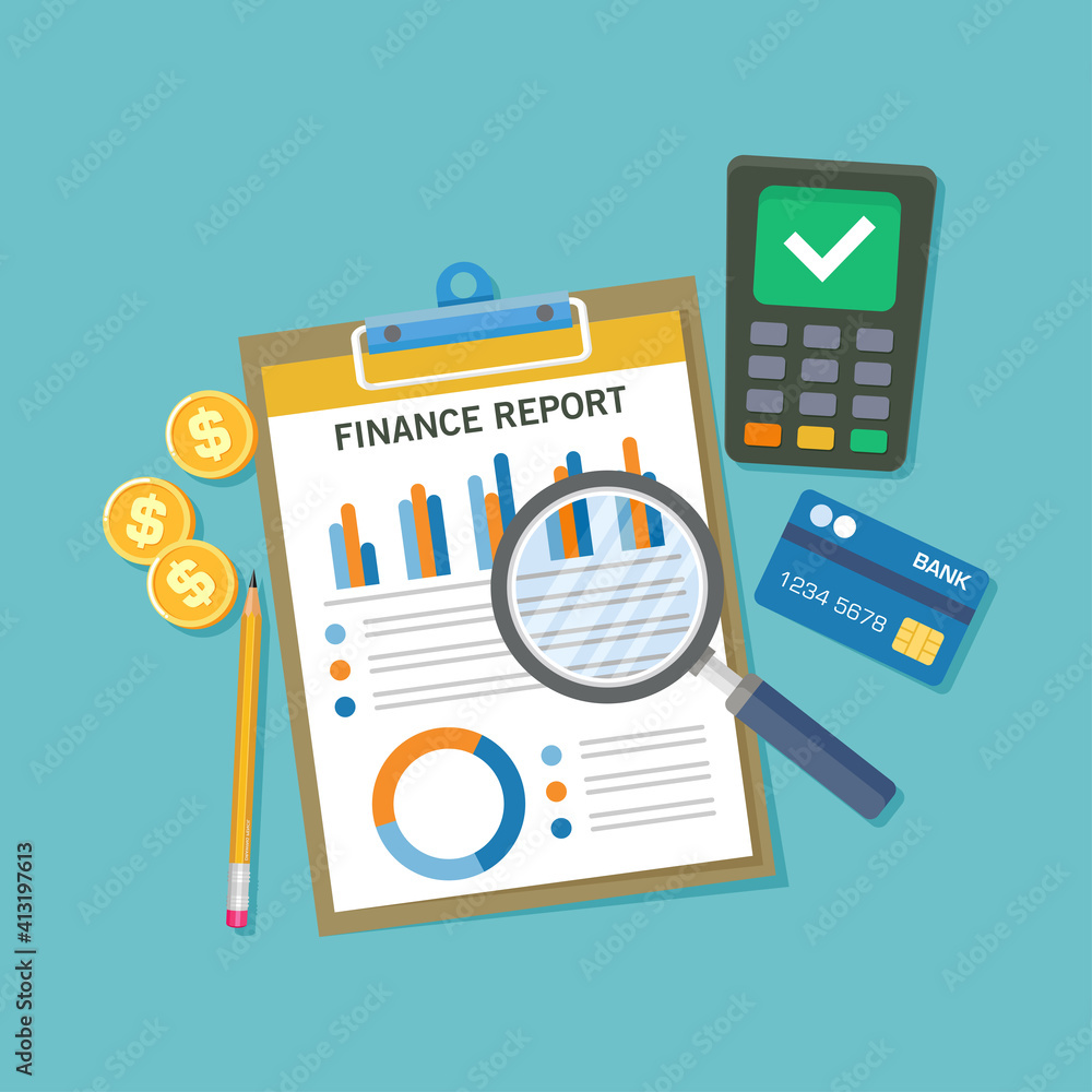 Aufkleber flat vector illustration of a table top view with financial statement document. suitable for design 