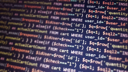 PHP programming language on computer screen. Monitor technology concept. Background of program...