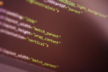 Screen of android application developing code. Lines of code on computer screen