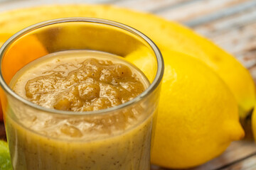  Detox breakfast. close up of fresh juice glass.