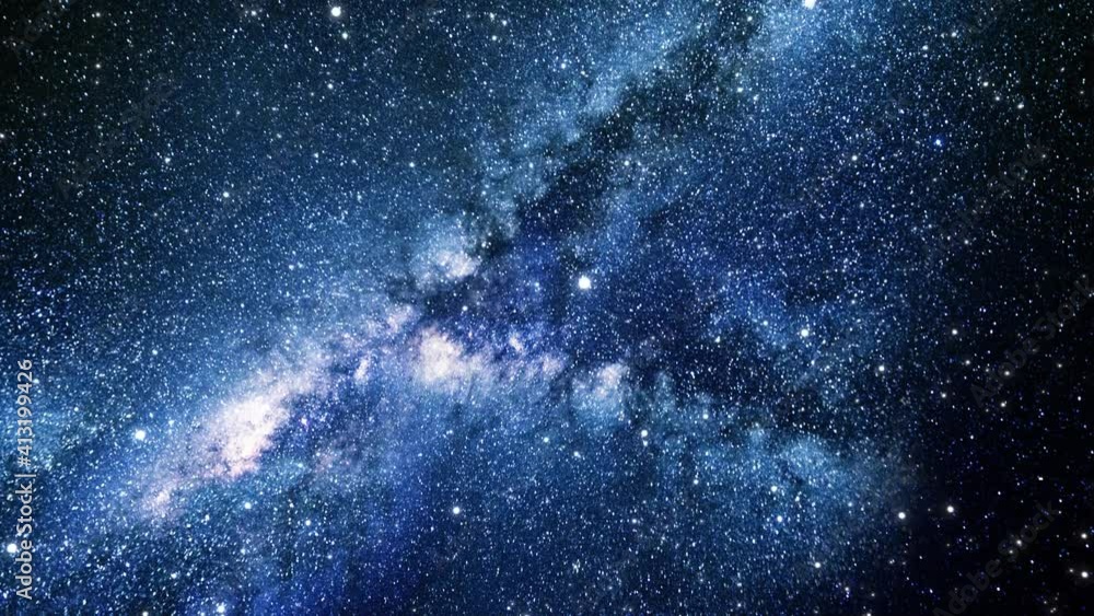 Poster slow rotational motion of a camera through open space. flying past galaxies and star clusters.