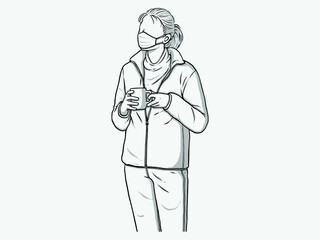 A woman standing with a coffee cup
. Wear a mask. New normal. Human character on white background. Hand drawn style vector design illustrations.