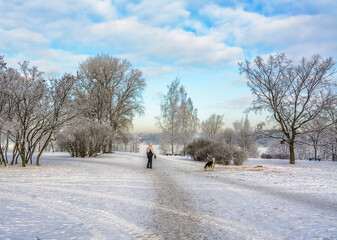 Frosty day on the banks of the Neva River in the month of February.