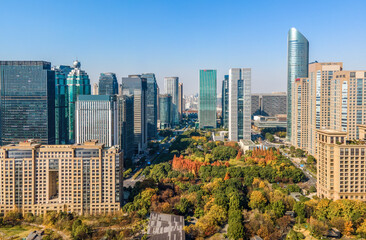 Aerial photography of Hangzhou city scenery and modern architectural landscape in the financial district