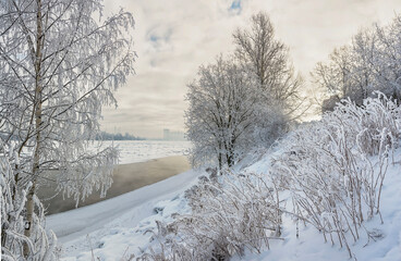 Frosty day on the banks of the Neva River in the month of February.