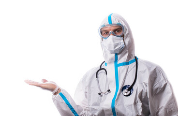 Man in protective suit, medical mask, goggles with arms crossed. Isolated in studio