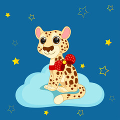 Vector cute cheetah sitting isolated on the blue background. Vector illustration perfect for greeting cards, party invitations, posters, stickers, clothing.