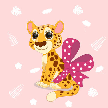 Vector cute cheetah sitting with bow. Vector illustration perfect for greeting cards, party invitations, posters, stickers, clothing.