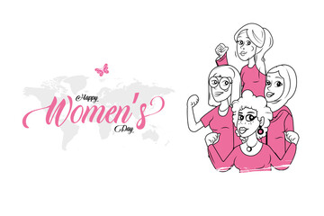 Translated Women's Day. Greeting card with four women of different nationalities and cultures standing together with map. Women's friendship. Vector