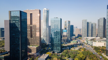 Obraz premium Aerial photography of Hangzhou city scenery and modern architectural landscape in the financial district