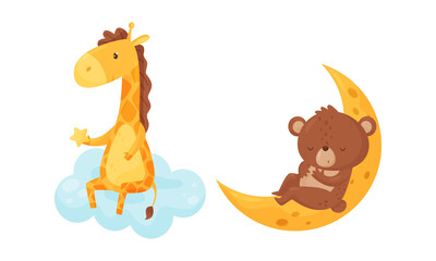 Giraffe Sitting on Cloud Holding Star and Bear Sleeping on on Crescent Moon Vector Set