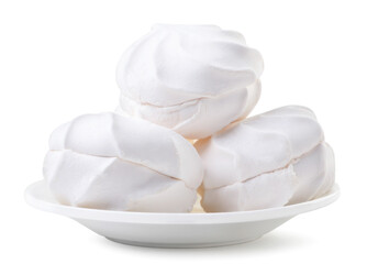 Marshmallows in a plate close-up on a white background. Isolated