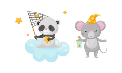Naklejka premium Panda Sitting on Soft Cloud Catching Stars with Net and Mouse in Bed Cap Holding Lantern Vector Set