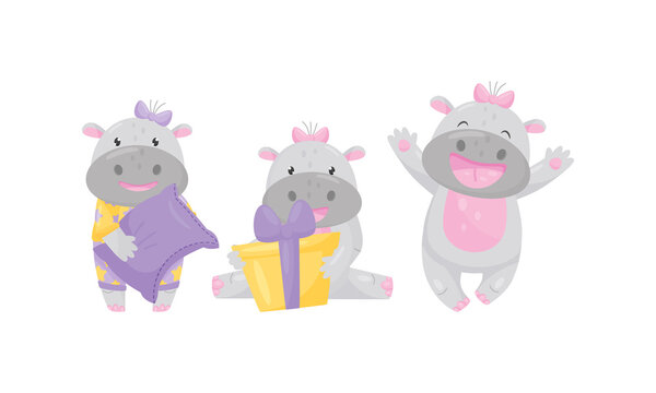 Funny Girl Hippopotamus Wearing Bow on Her Head Holding Gift Box and Jumping with Joy Vector Set