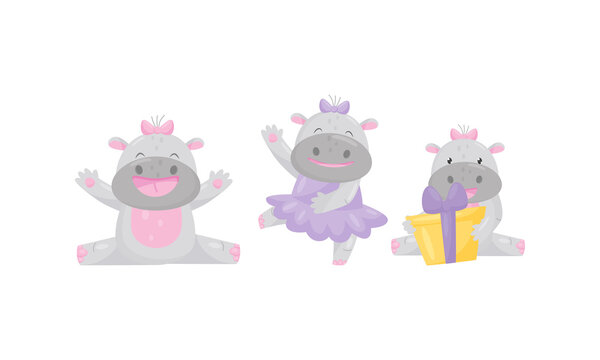 Funny Girl Hippopotamus Wearing Bow on Her Head Dancing and Holding Wrapped Gift Box Vector Set