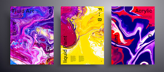 Abstract vector poster, pack of modern design fluid art covers. Artistic background that applicable for design cover, invitation, flyer and etc. Purple, pink and yellow creative iridescent artwork