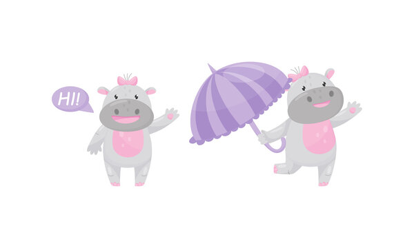 Funny Girl Hippopotamus Wearing Bow on Her Head Greeting and Walking with Umbrella Vector Set
