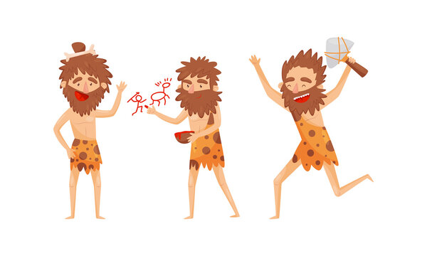 Hairy Bearded Stone Age Man Character Waving Hand, Running with Hammer and Engaged in Cave Drawing Vector Illustration Set