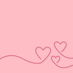 Continuous line three hearts, pink vector minimalist illustration of love concept background, valentine's day