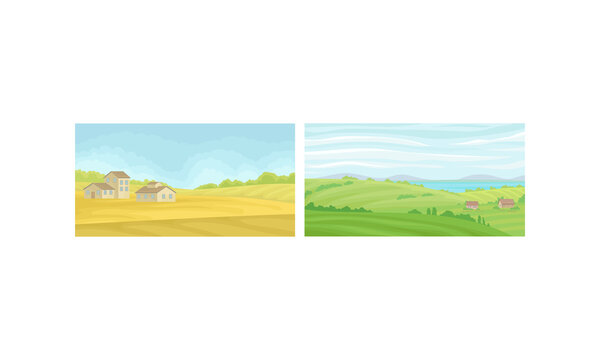 Countryside and Village Scene with Houses and Cultivated Fields Vector Set
