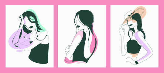 Set of modern girls in a minimalist style. Fashionable female silhouettes, colored spots in pastel colors. Vector illustration