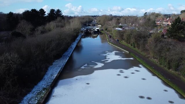 Frozen Hatton Locks Grand Union Canal Aerial Warwickshire UK Winter Landscape