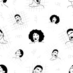 Modern abstract faces. Contemporary female silhouettes. Hand drawn outline trendy illustration. Continuous line, minimalistic concept. Vector seamless pattern. Black colors