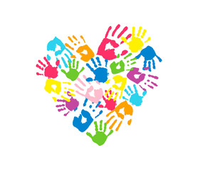 Heart is made of different handprints. Symbol of love, childhood, family and unity. Colorful emblem