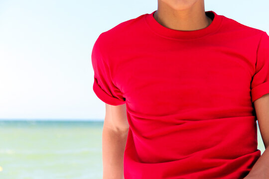 Guy In The Beach , Red T Shirt, Background , Mock Up, Free Space, Logo Presentation , Template For Print Design
