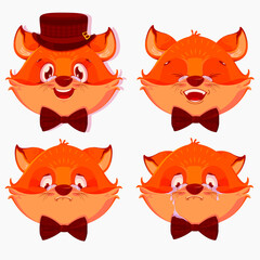 Cartoon fox avatars with different emotions, isolated on white background. Emotions of a fox smile, cry, surprise, anger and sweetness. Vector illustration