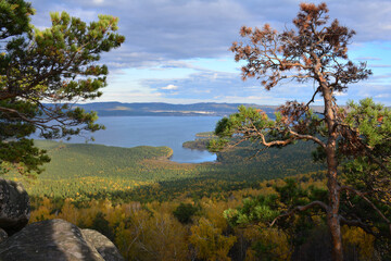 The view of ural lake Turgoyak from ural mountain
