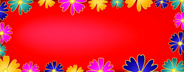 Delicate flowers on a red background. A place
 for your text. Floral template for postcard, invitation, banner, poster. Vector.