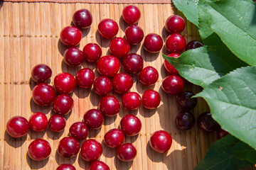 Berries of red ripe cherries on a bamboo napkin on the background of green foliage of the garden.The concept of healthy fruits