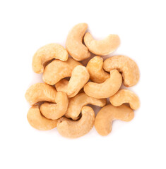 Cashew nuts isolated on white background. Roasted cashew nuts. Top view.