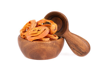 Mace in a wooden bowl, isolated on white background. Nutmeg flower, myristica fragrans. Natural spice, asian seasoning.