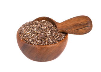 Chia seeds in wooden bowl and spoon, isolated on white background. Organic chia seeds.