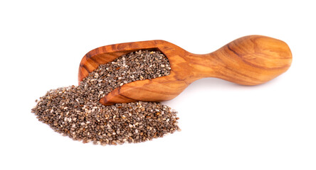 Chia seeds in wooden scoop, isolated on white background. Healthy superfood. Organic chia seeds.