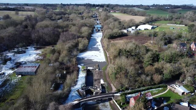 Hatton Locks Aerial Grand Union Canal Warwickshire UK Winter Landscape