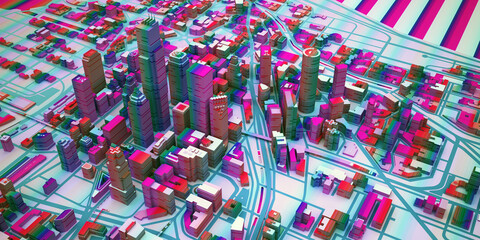 abstact city in cyberpunk colors above view