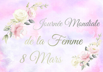 carte ou bandeau sur la journée mondiale de la femme le 8 mars en couleur gris  sur un fond rose en dégradé et des guirlandes de fleurs blanche rose et verte